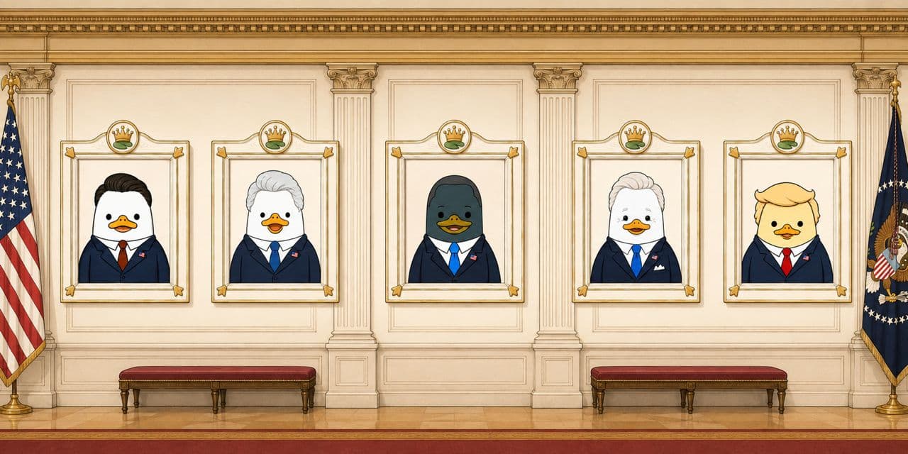 A gallery hall lined with framed portraits of past duck presidents